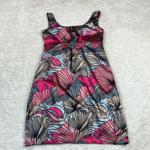 Shapes floral print satin sheath dress in pink, grey, tan, size small - Picture 3 of 10